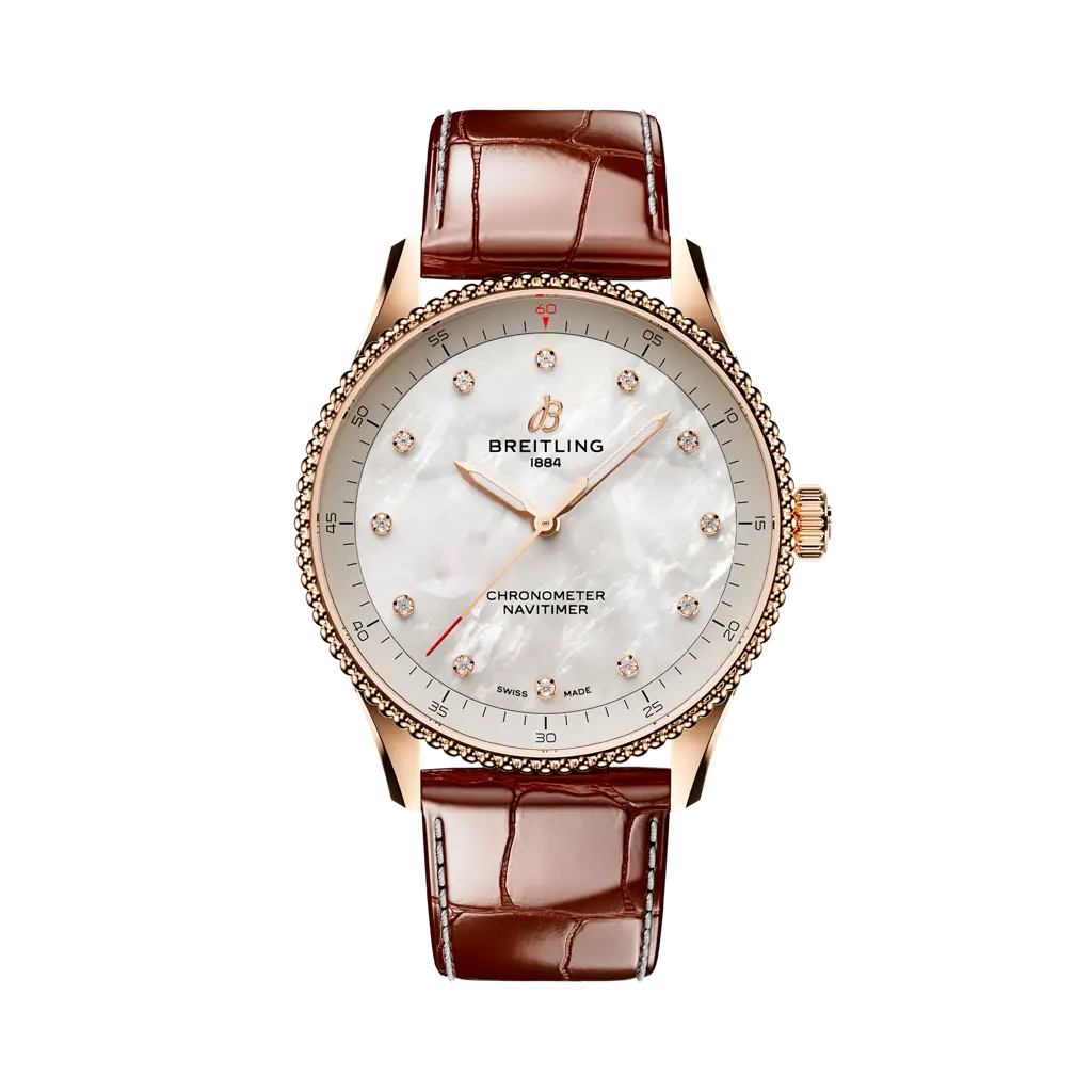 Breitling Navitimer 32 mm White Dial Small Scale Traceable 18K Red Gold   Leather Strap R77320E61A1P1 - WATCHXNYC