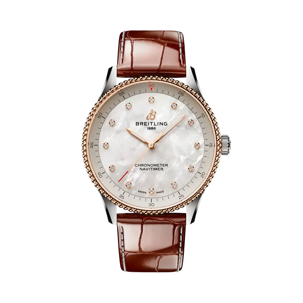 Breitling Navitimer 32 mm White Dial Stainless Steel & 18K Red Gold   Leather Strap U77320E61A1P1 - WATCHXNYC