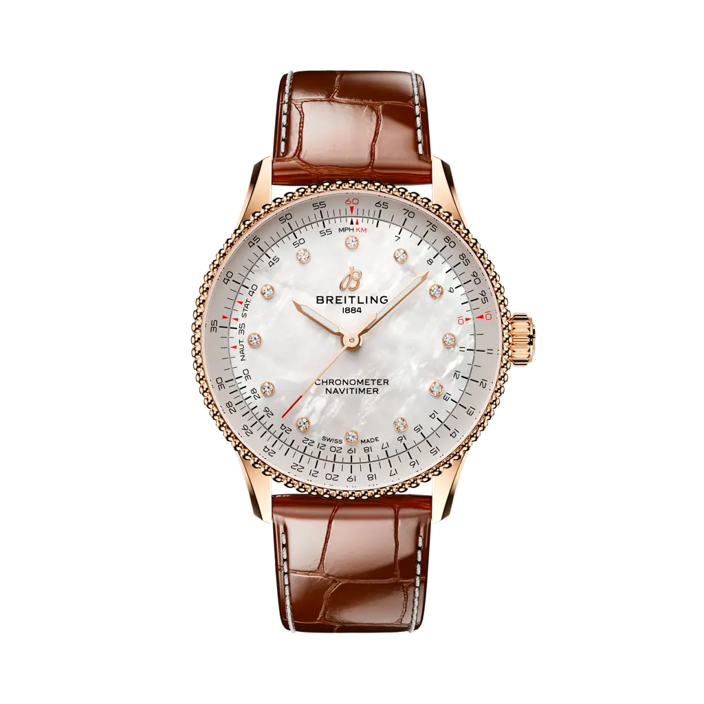 Breitling Navitimer Automatic 36 mm White Dial Small Scale Traceable 18K Red Gold   Leather Strap R17327211A1P1 - WATCHXNYC