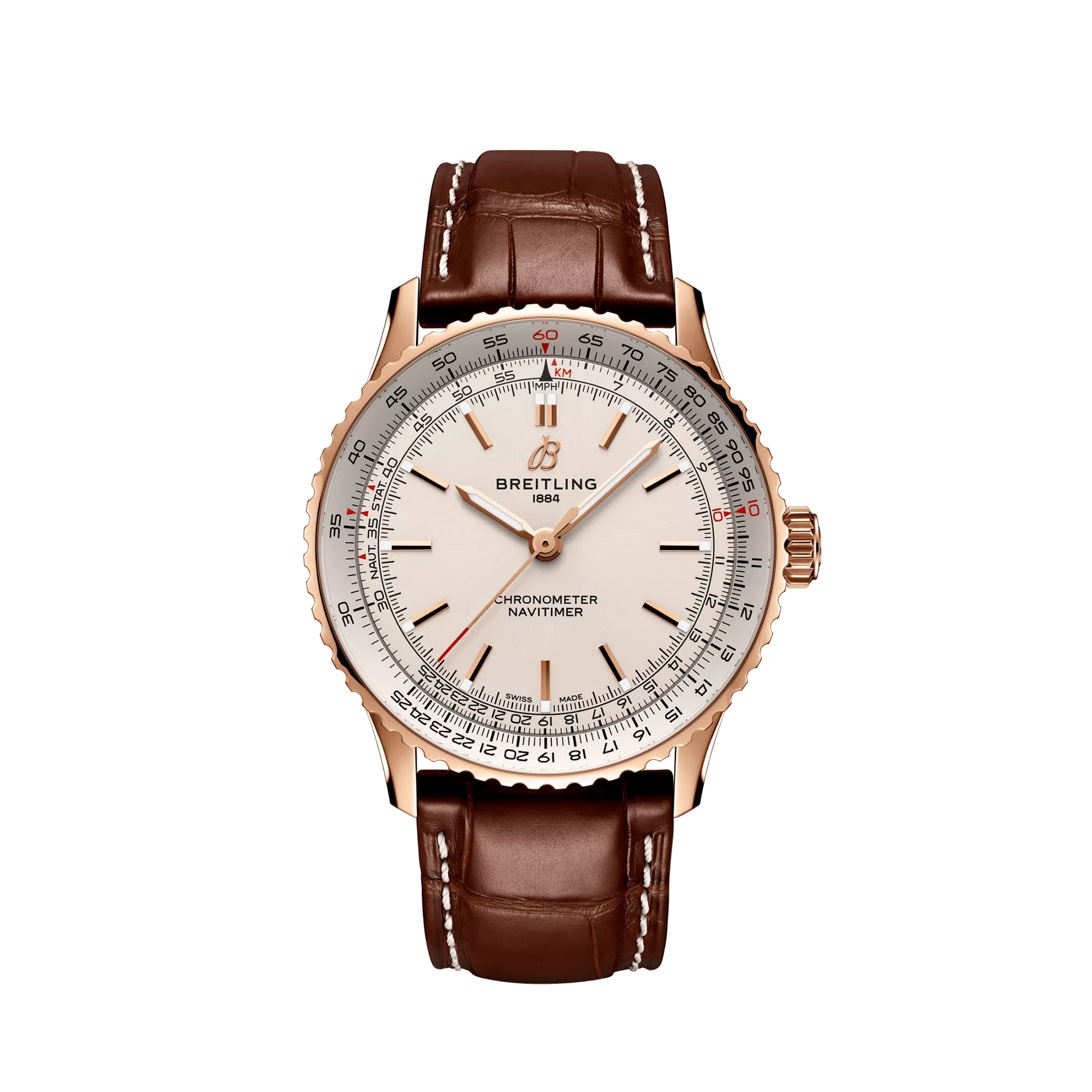 Breitling Navitimer Automatic 41 mm White Dial Small Scale Traceable 18K Red Gold   Leather Strap R17329F41G1P1 - WATCHXNYC