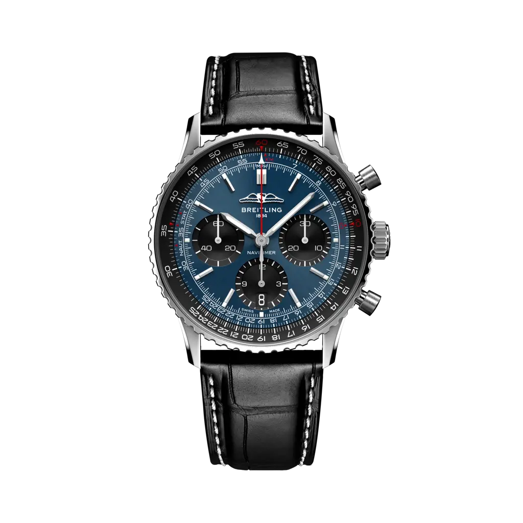 Breitling Navitimer B01 Chronograph 41 mm Black With Blue Dial Stainless Steel   Leather Strap AB0139241C1P1 - WATCHXNYC