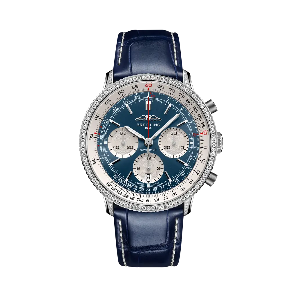 Breitling Navitimer B01 Chronograph 41 mm Silver With Blue Dial Stainless steel (gem-set)   Leather Strap AB0139631C1P1 - WATCHXNYC