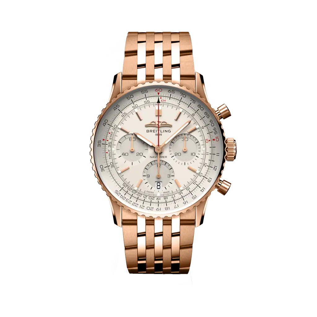Breitling Navitimer B01 Chronograph 41 mm White Dial 18K Red Gold Bracelet RB0139211G1R1 - WATCHXNYC