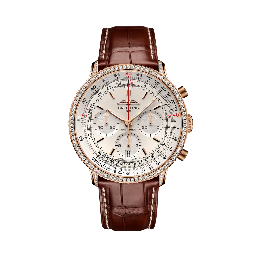 Breitling Navitimer B01 Chronograph 41 mm White Dial 18K Red Gold (Gem-Set)   Leather Strap RB0139631G1P1 - WATCHXNYC