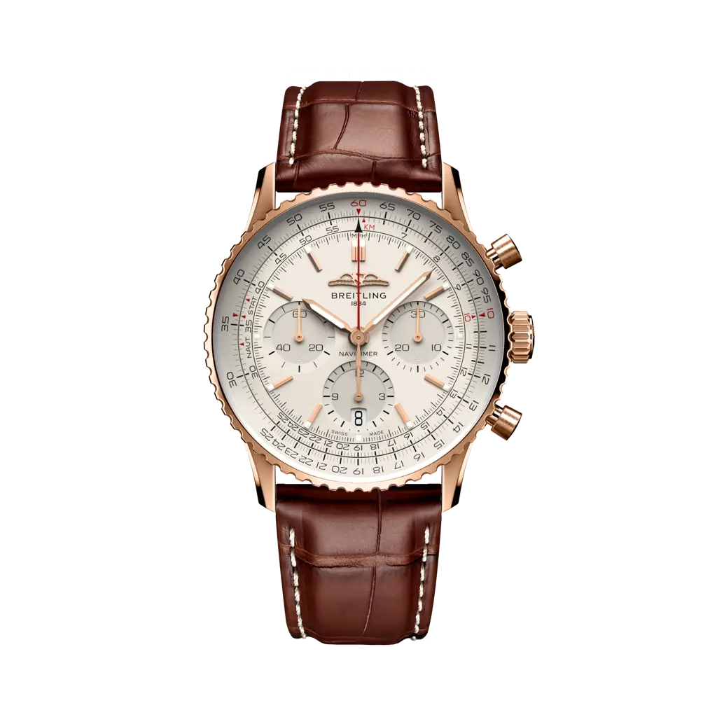 Breitling Navitimer B01 Chronograph 41 mm White Dial 18K Red Gold   Leather Strap RB0139211G1P1 - WATCHXNYC