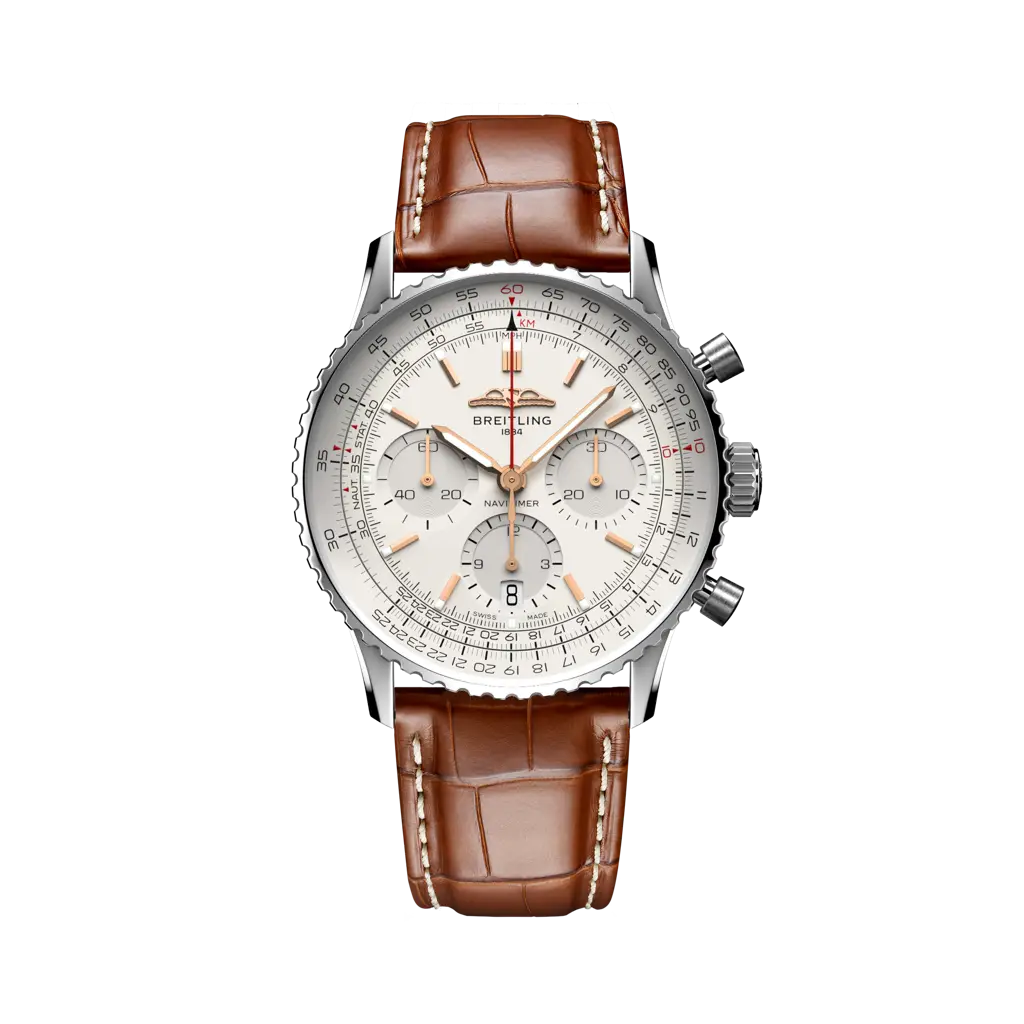 Breitling Navitimer B01 Chronograph 41 mm White Dial Stainless Steel Leather Strap AB0139211G1P1 - WATCHXNYC