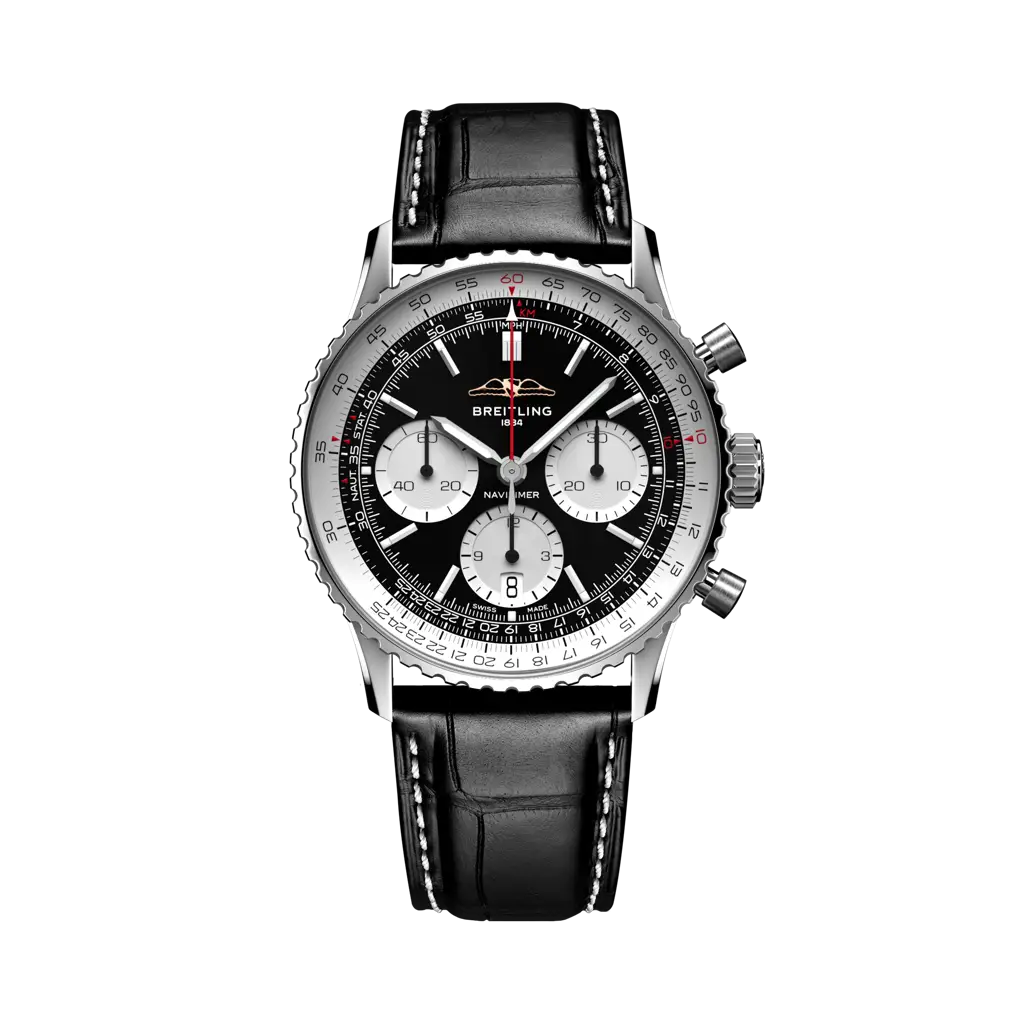 Breitling Navitimer B01 Chronograph 41 mm White With Black Dial Stainless Steel   Leather Strap AB0139211B1P1 - WATCHXNYC