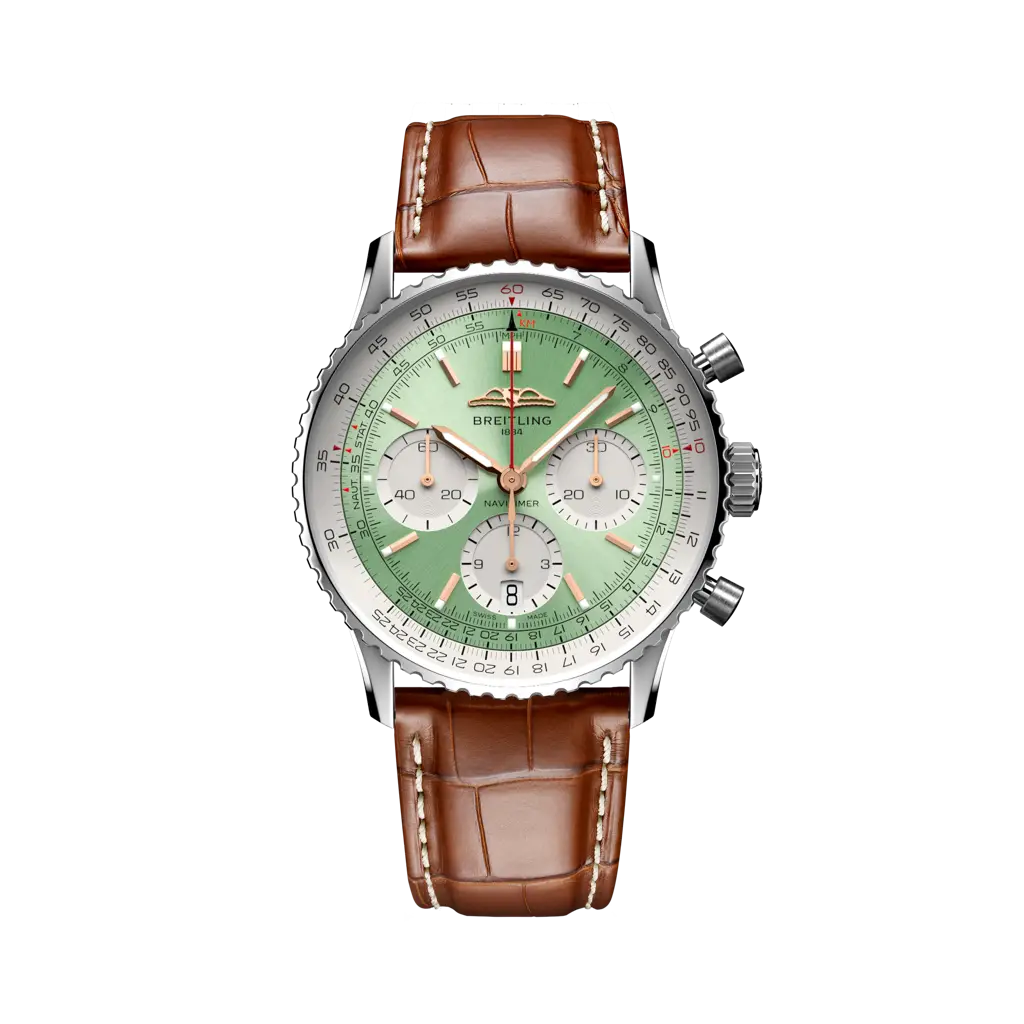 Breitling Navitimer B01 Chronograph 41 mm White With Olive Green Dial Stainless Steel   Leather Strap AB0139211L1P1 - WATCHXNYC