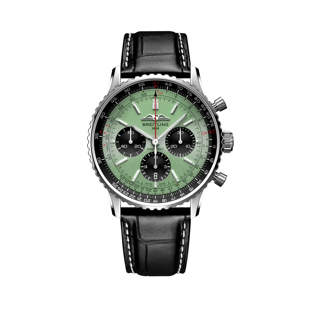 Breitling Navitimer B01 Chronograph 43 mm Black And Olive Green Dial Stainless Steel Leather Strap AB0138241L1P1 - WATCHXNYC