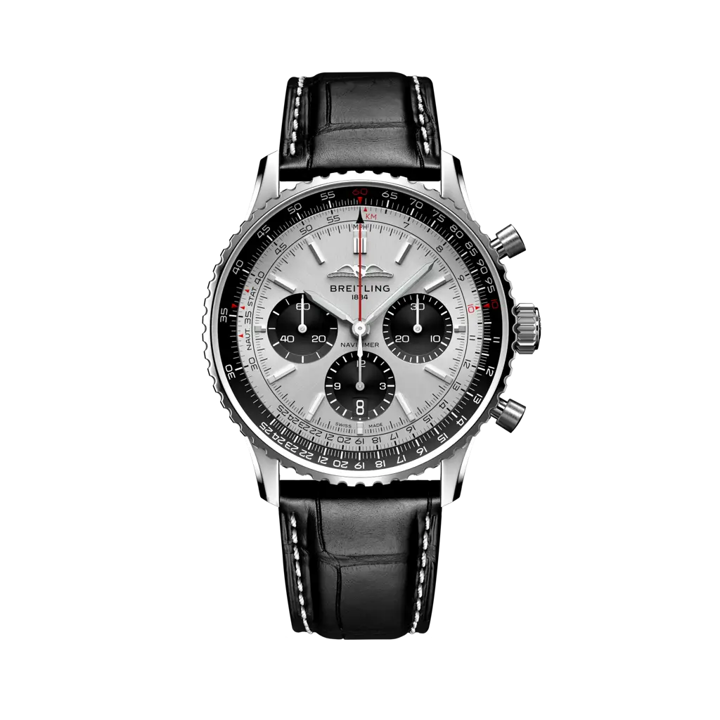 Breitling Navitimer B01 Chronograph 43 mm Black And White Dial Stainless Steel Leather Strap AB0138241G1P1 - WATCHXNYC
