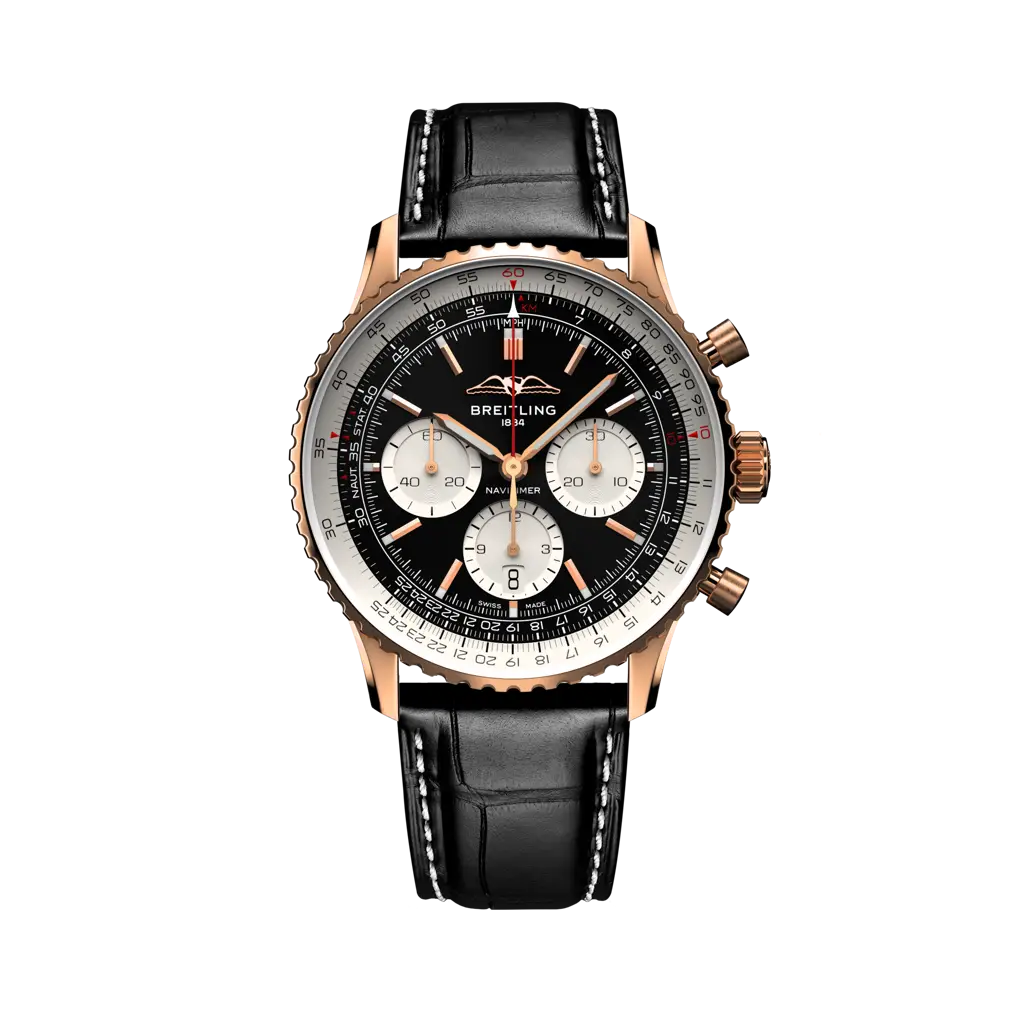 Breitling Navitimer B01 Chronograph 43 mm White With Black  Dial 18K Red Gold   Leather Strap RB0138211B1P1 - WATCHXNYC