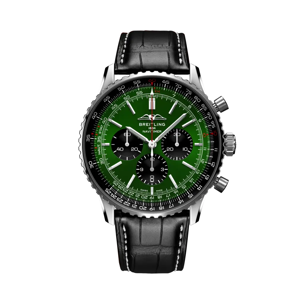 Breitling Navitimer B01 Chronograph 46 mm Black And Green Dial Stainless Steel   Leather Strap AB0137241L1P1 - WATCHXNYC