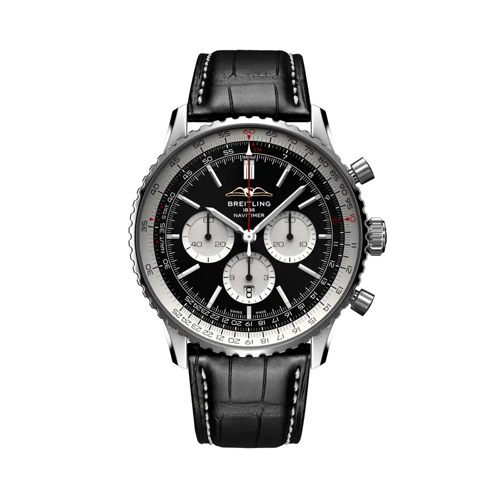 Breitling Navitimer B01 Chronograph 46 mm Black And White Dial Stainless Steel   Leather Strap AB0137211B1P1 - WATCHXNYC