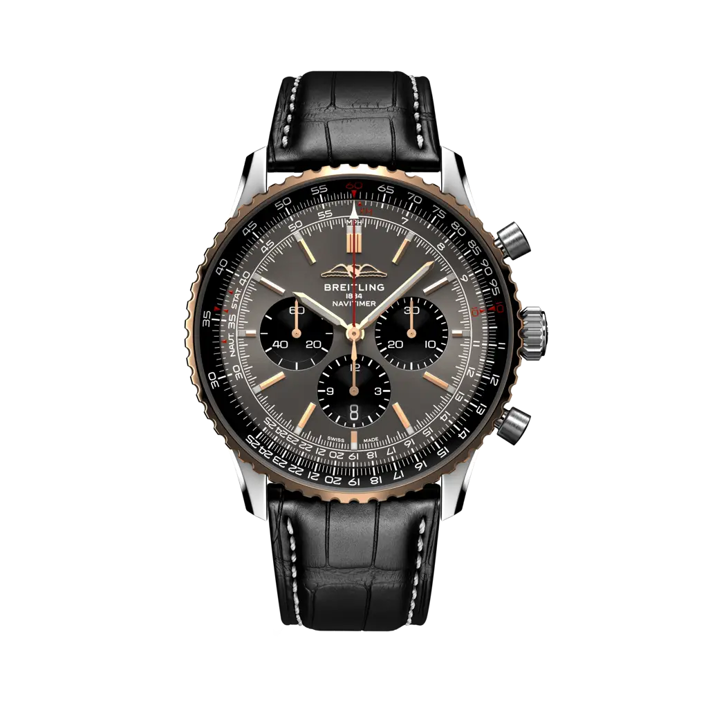 Breitling Navitimer B01 Chronograph 46 mm Black With Grey Dial Stainless Steel & 18K Red Gold   Leather Strap UB01371A1B1P1 - WATCHXNYC