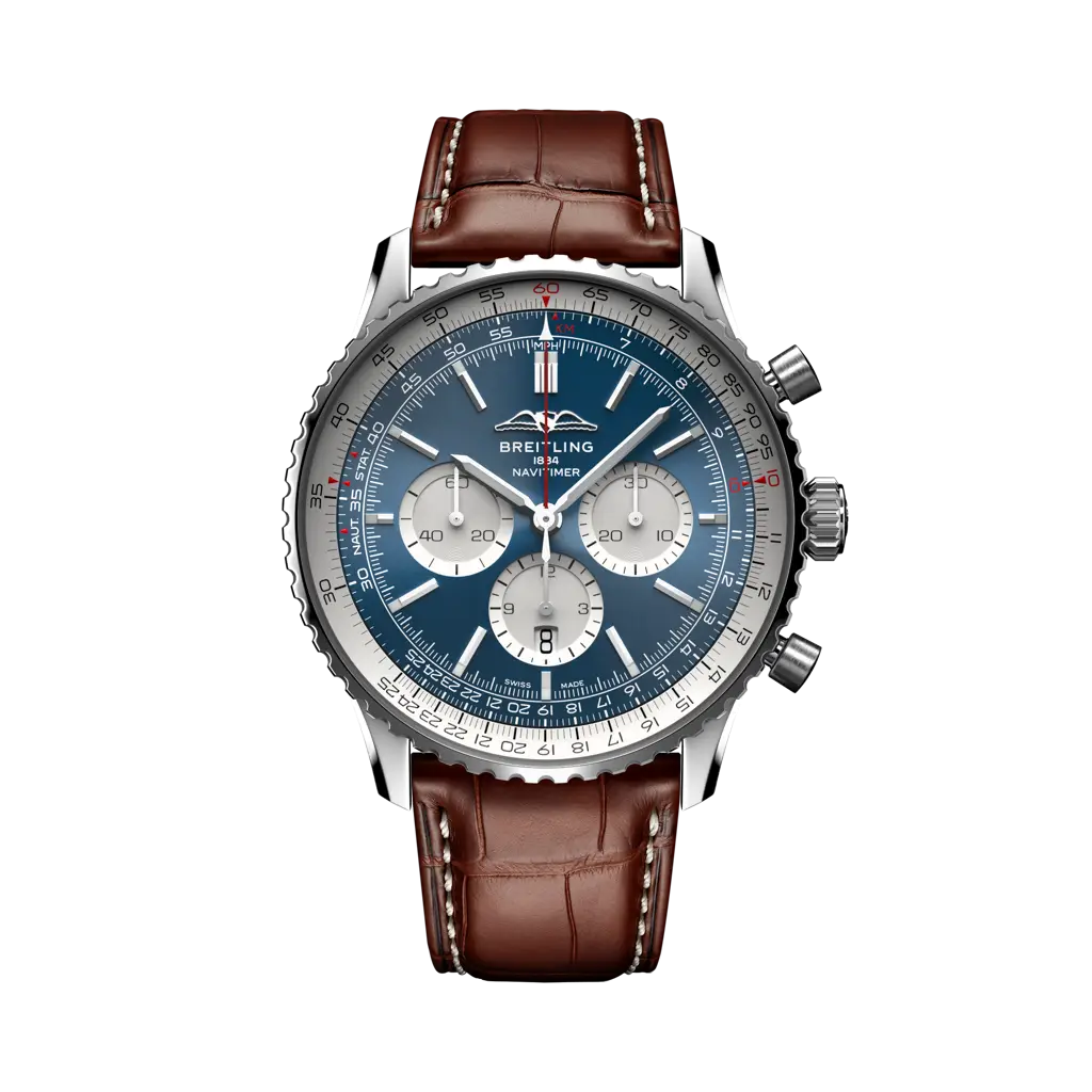 Breitling Navitimer B01 Chronograph 46 mm White And Blue Dial Stainless Steel   Leather Strap AB0137211C1P1 - WATCHXNYC