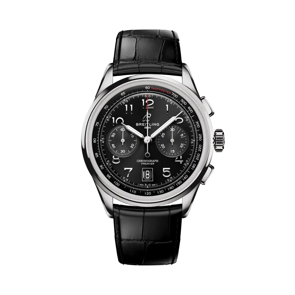 Breitling Premier B01 Chronograph 42 mm Black Dial Stainless Steel   Leather Black Strap AB0145221B1P2 - WATCHXNYC