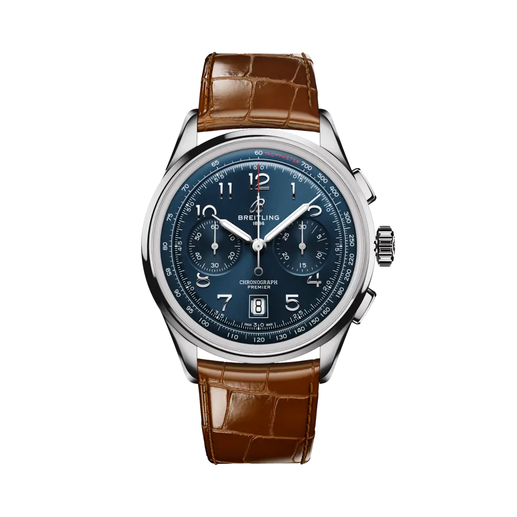 Breitling Premier B01 Chronograph 42 mm Blue Dial Stainless Steel   Leather Gold Brown Strap AB0145171C1P1 - WATCHXNYC
