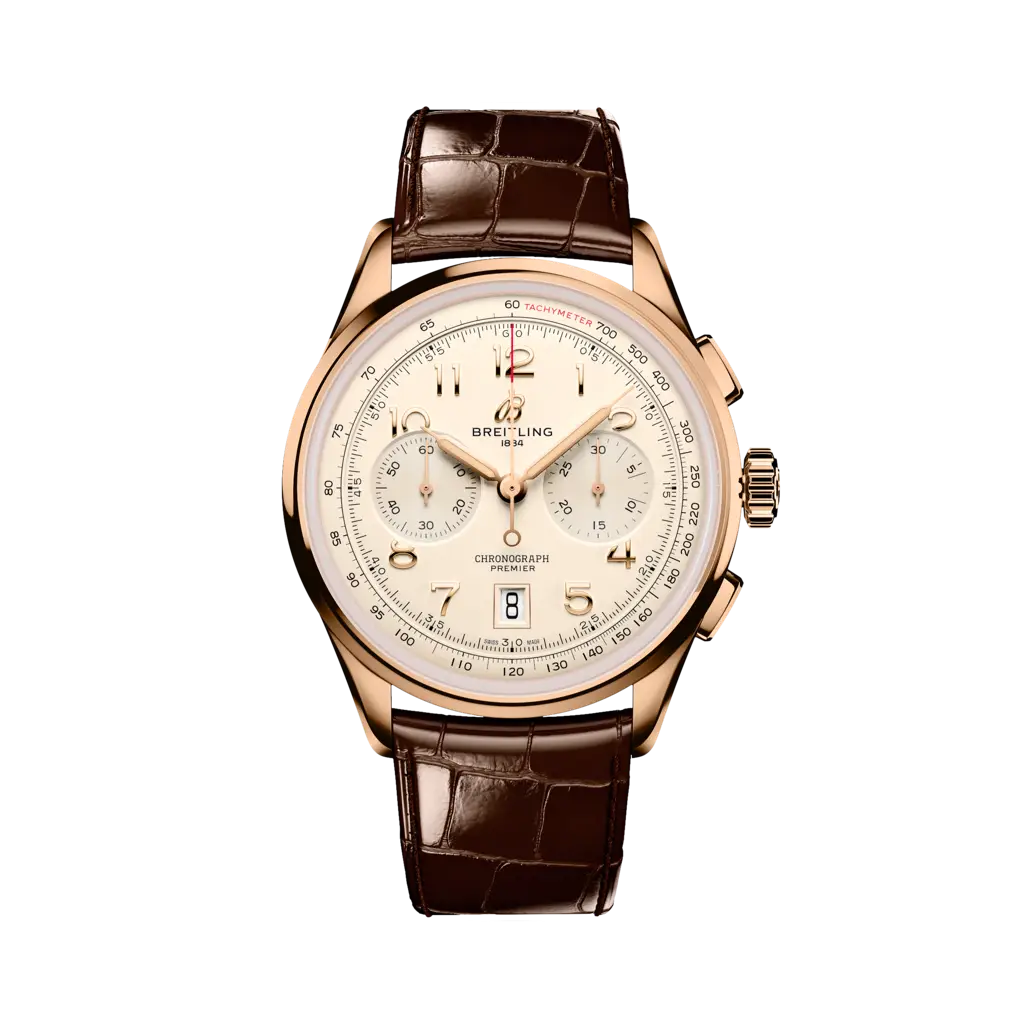 Breitling Premier B01 Chronograph 42 mm Champagne Dial 18k Red Gold   Leather Brown Strap RB0145371G1P1 - WATCHXNYC