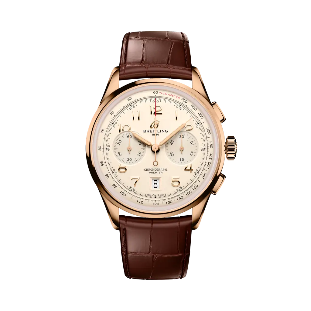 Breitling Premier B01 Chronograph 42 mm Champagne Dial 18k Red Gold Leather Brown Strap RB0145371G1P2 - WATCHXNYC