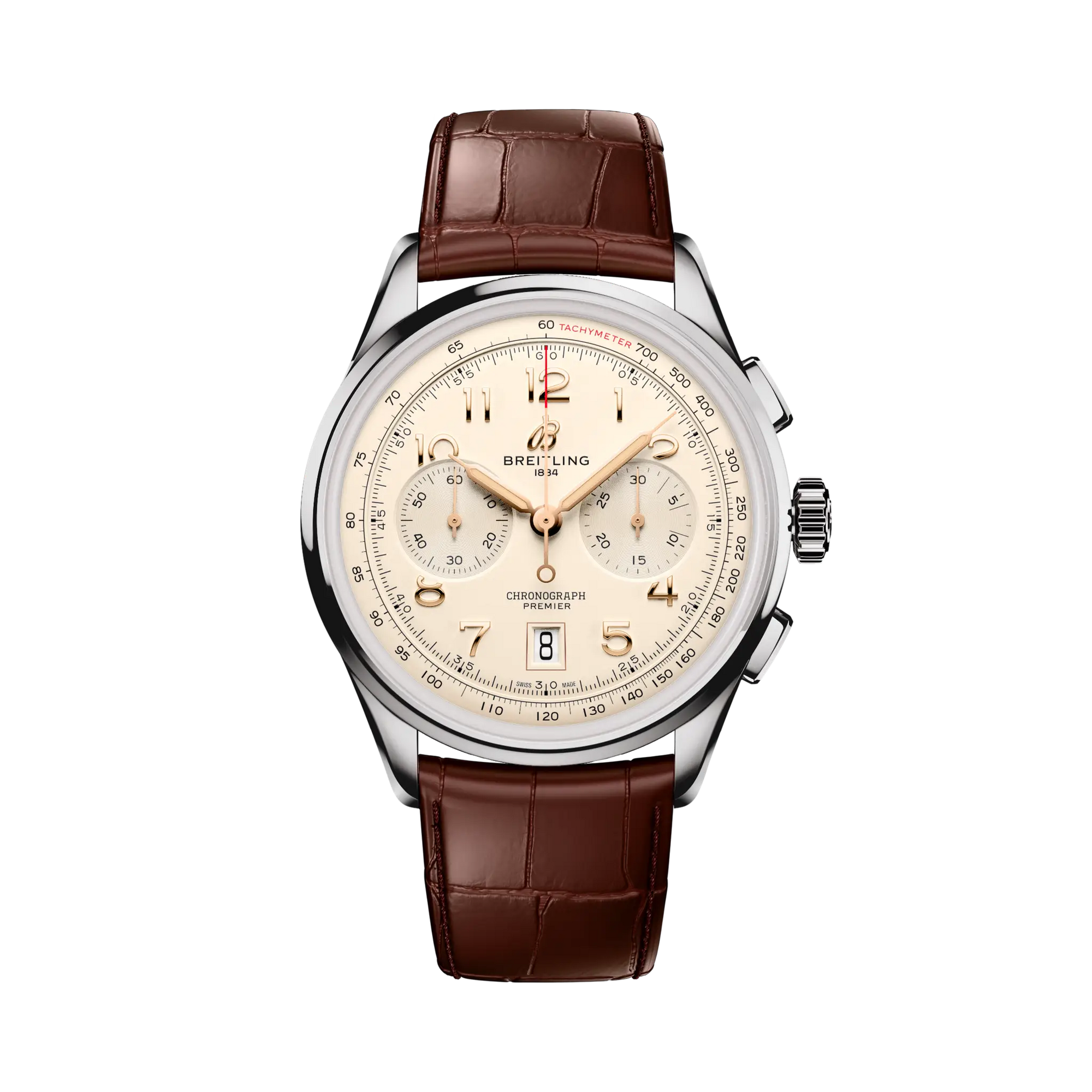 Breitling Premier B01 Chronograph 42 mm Champagne Dial Stainless Steel   Leather Brown Strap AB0145211G1P2 - WATCHXNYC