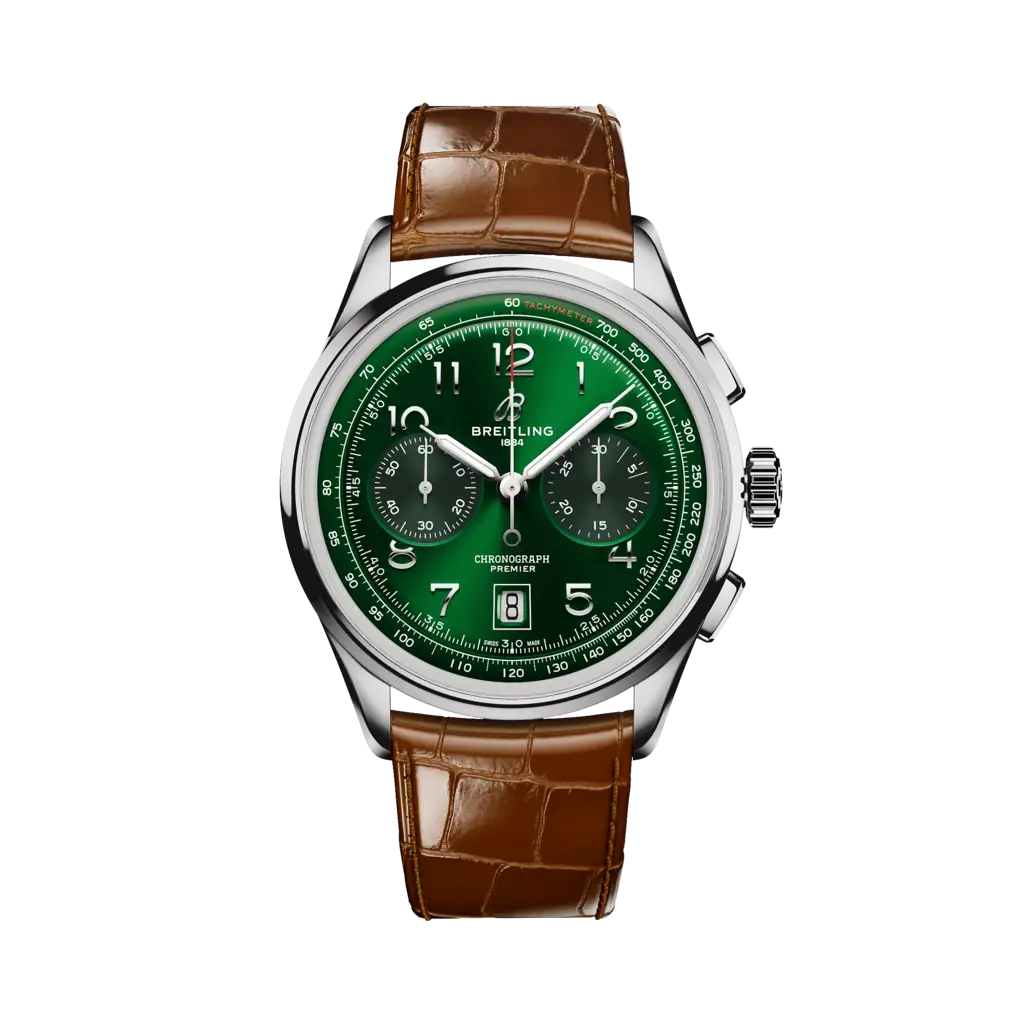 Breitling Premier B01 Chronograph 42 mm Green Dial Stainless Steel   Leather Gold Brown Strap AB0145371L1P1 - WATCHXNYC