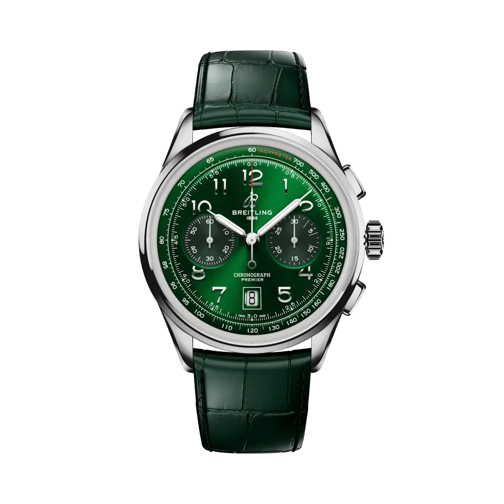 Breitling Premier B01 Chronograph 42 mm Green Dial Stainless Steel   Leather Green Strap AB0145371L1P2 - WATCHXNYC