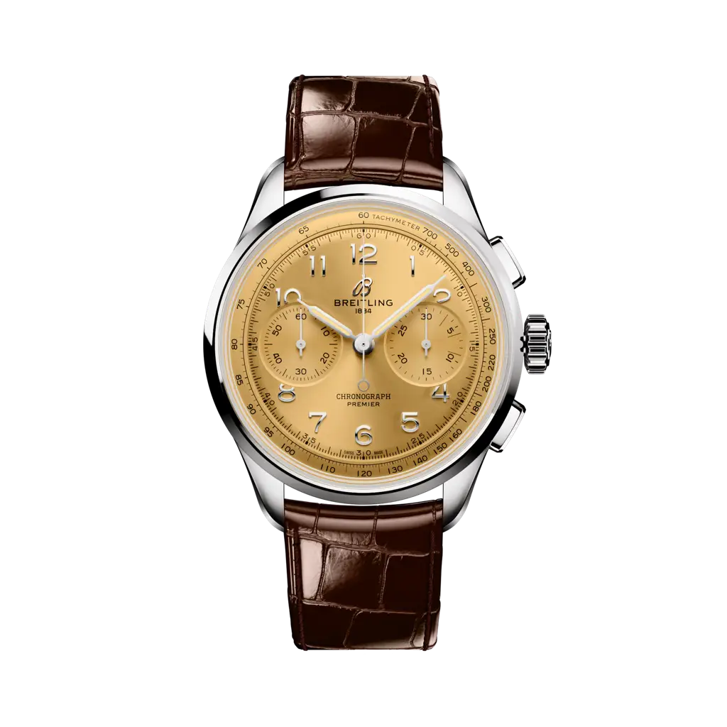 Breitling Premier B09 Chronograph 40 mm Champagne Dial Stainless Steel   Leather Brown Strap AB0930F51H1P1 - WATCHXNYC