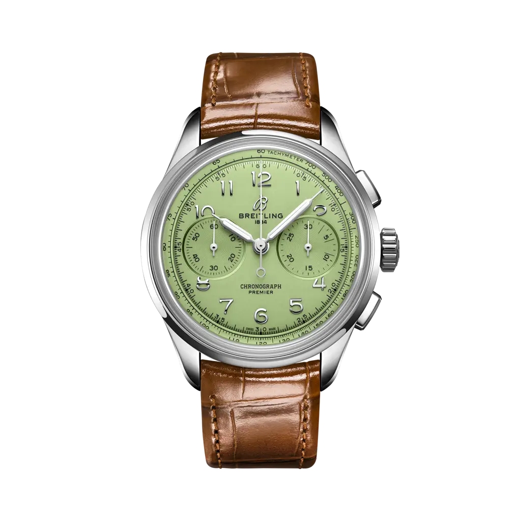 Breitling Premier B09 Chronograph 40 mm Green Dial Stainless Steel Leather Gold Brown Strap AB0930D31L1P1 - WATCHXNYC