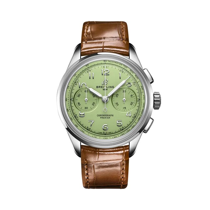 Breitling Premier B09 Cronógrafo 40 mm Esfera verde Acero inoxidable Piel de aligátor Correa marrón dorada AB0930D31L1P1 
