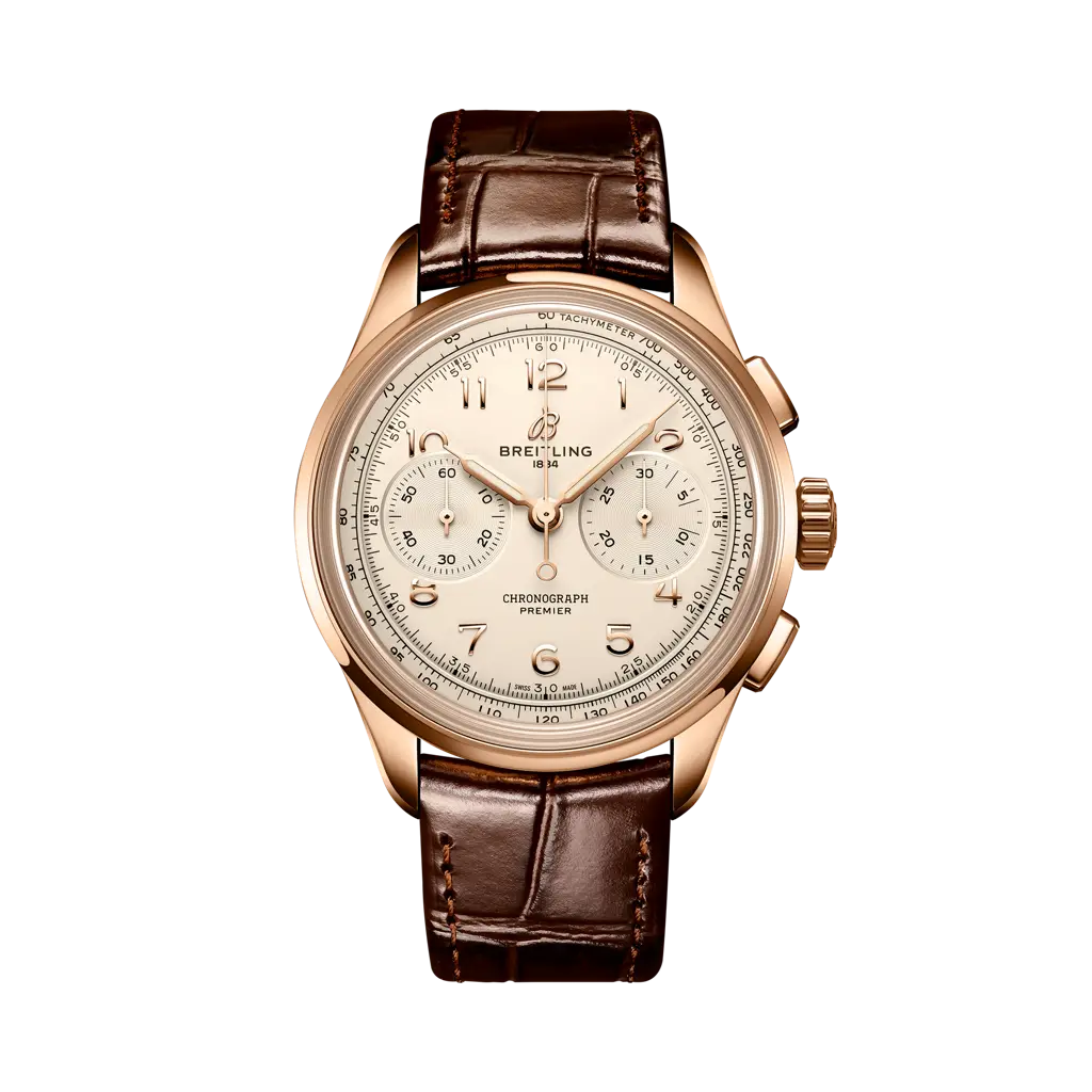 Breitling Premier B09 Chronograph 40 mm Rose White Dial 18K Red Gold   Leather Brown Strap RB0930371G1P1 - WATCHXNYC