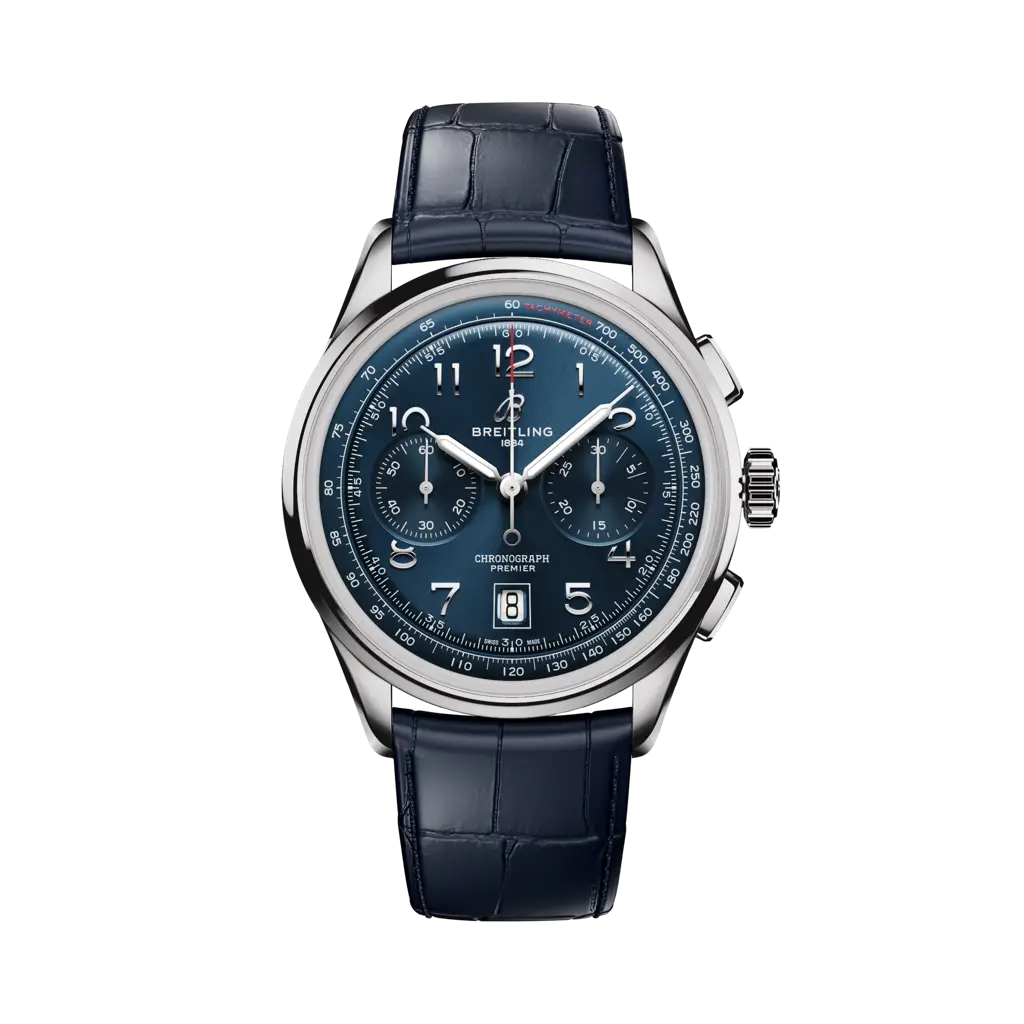Breitling Premier B09 Chronograph 42 mm Blue Dial Stainless Steel   Leather Blue Strap AB0145171C1P2 - WATCHXNYC