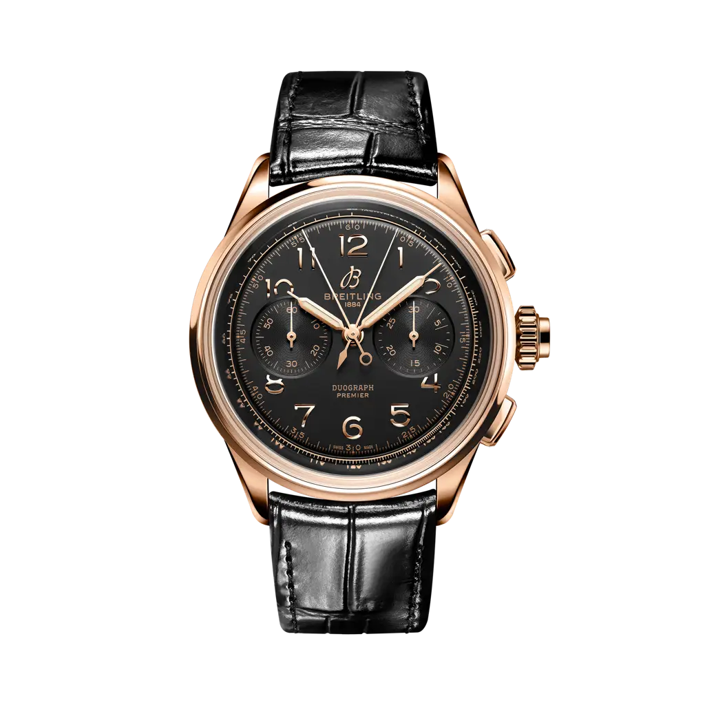 Breitling Premier B15 Duograph  42 mm Bright Black Dial 18K Red Gold   Leather Black Strap RB1510251B1P1 - WATCHXNYC