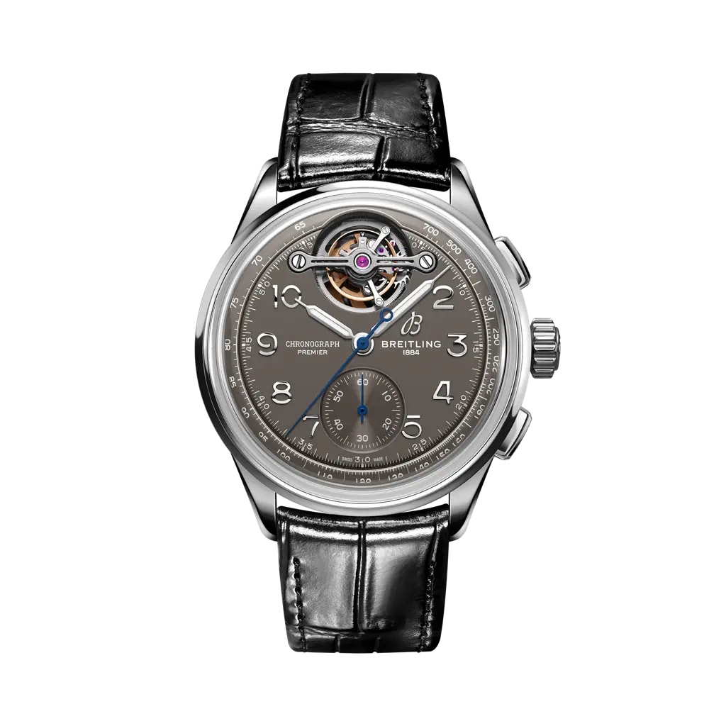Breitling Premier B21 Chronograph Tourbillon 42 Gaston Breitling 42 mm Grey Dial 18 kt White Gold   Leather Black Strap JB2120A61B1P1 - WATCHXNYC