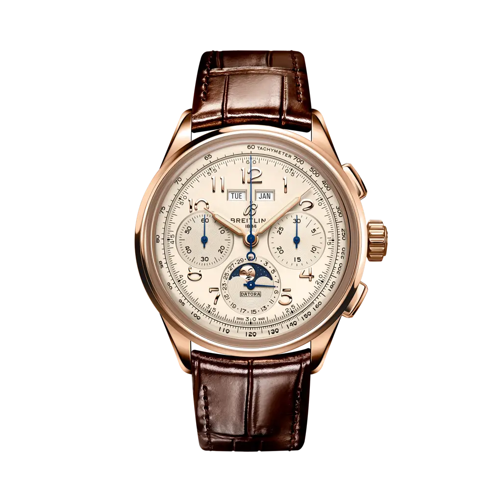 Breitling Premier B25 Datora 42 mm Rose Yellow Dial 18K Red Gold   Leather Brown Strap RB2510371G1P1 - WATCHXNYC