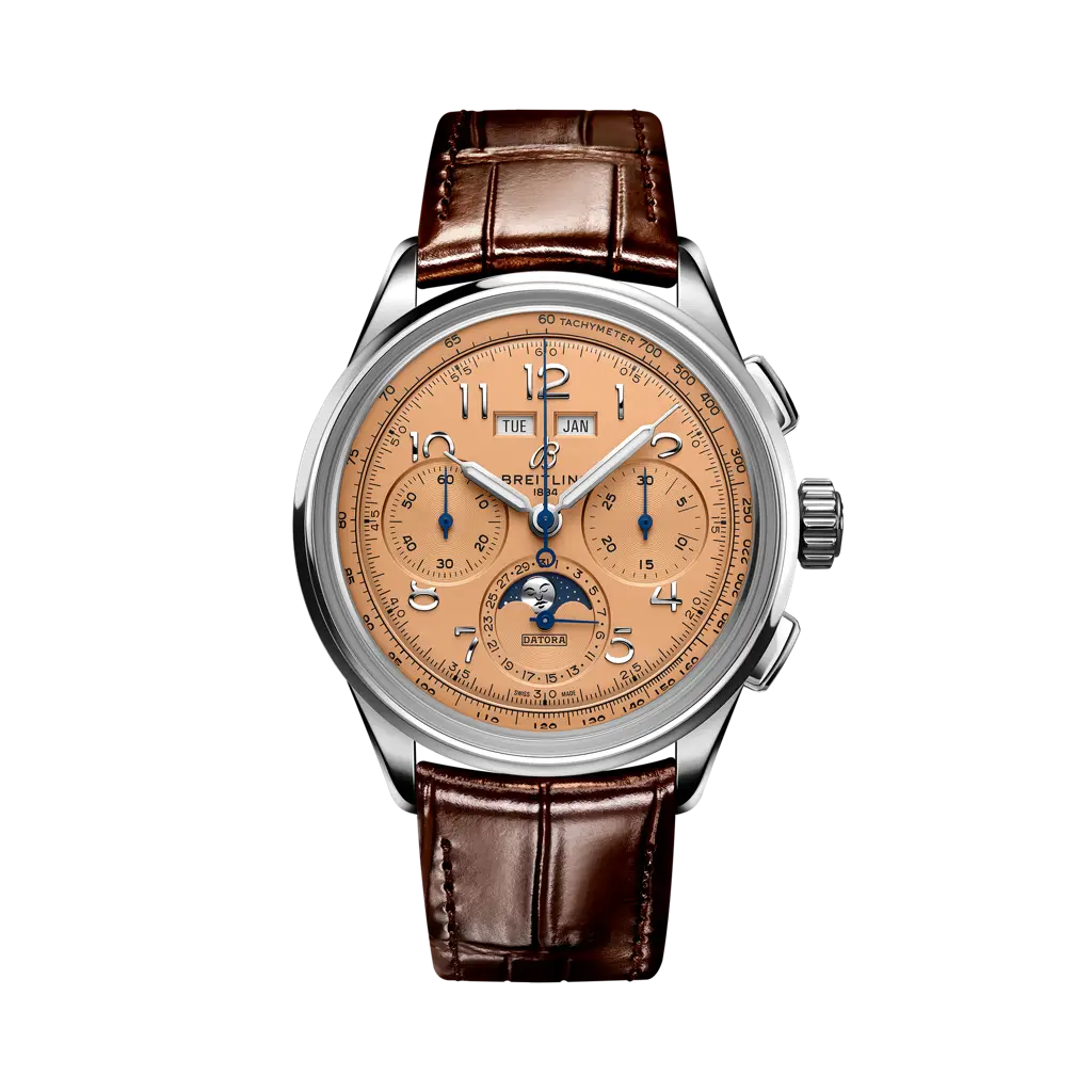 Breitling Premier B25 Datora 42 mm Rose Yellow Dial Stainless Steel Leather Brown Strap AB2510201K1P1 - WATCHXNYC
