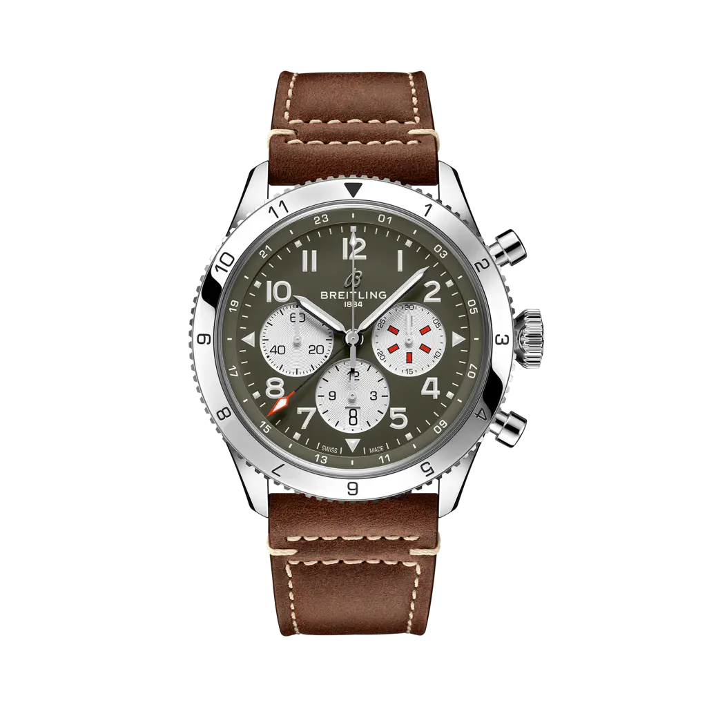 Breitling Super AVI B04 Chronograph GMT 46 Curtiss Warhawk 46 mm Brown Dial Stainless Steel   Leather Strap AB04452A1L1X1 - WATCHXNYC
