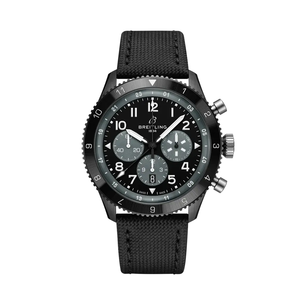 Breitling Super AVI B04 Chronograph GMT 46 Mosquito Night Fighter 46 mm Black Dial Ceramic   Leather Strap SB04451A1B1X1 - WATCHXNYC
