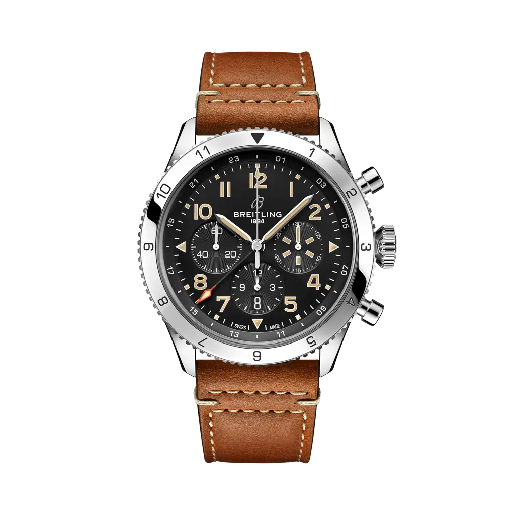 Breitling Super AVI B04 Chronograph GMT 46 P-51 Mustang 46 mm Black Dial Stainless Steel   Leather Strap AB04453A1B1X1 - WATCHXNYC