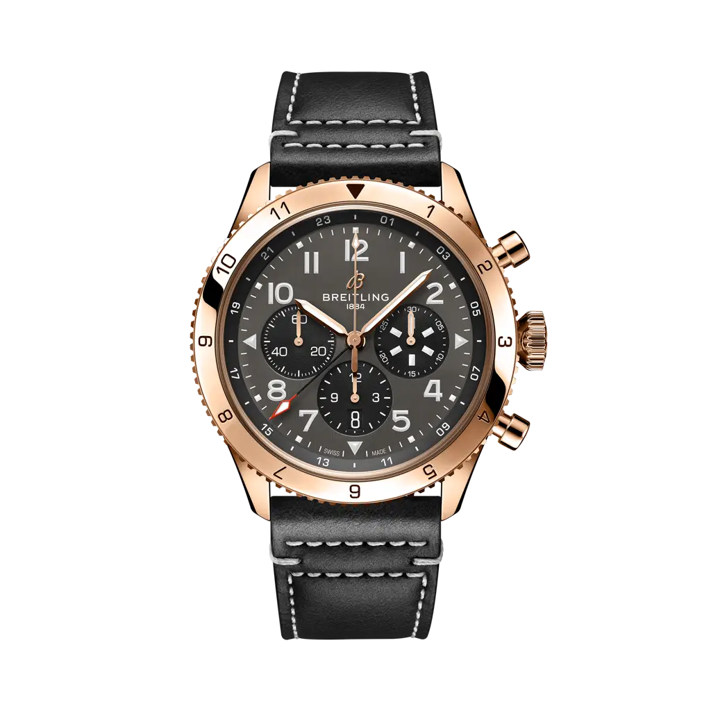 Breitling Super AVI B04 Chronograph GMT 46 P-51 Mustang 46 mm Bright Black Dial 18K Red Gold   Leather Strap RB04451A1B1X1 - WATCHXNYC