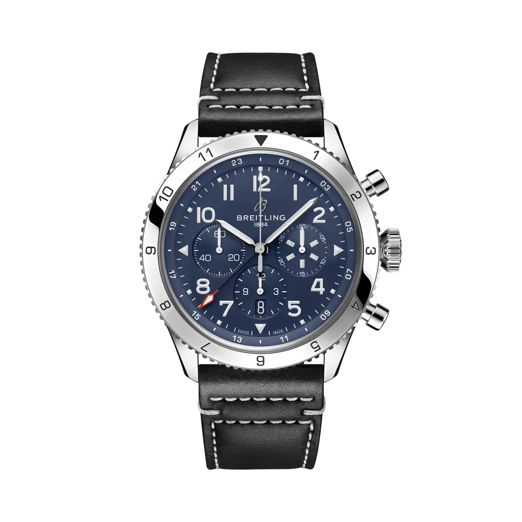 Breitling Super AVI B04 Chronograph GMT 46 Tribute to Vought F4U Corsair 46 mm Blue Dial Stainless Steel   Leather Strap AB04451A1C1X1 - WATCHXNYC