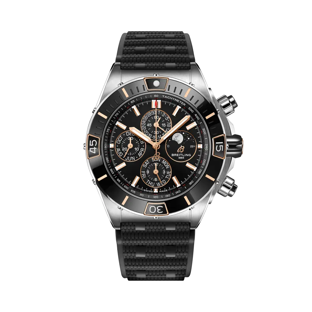 Breitling Super Chronomat 44 Four-Year Calendar 44 mm Black Dial Stainless Steel & 18K Red Gold Black Rubber Strap I19320251B1S1 - WATCHXNYC