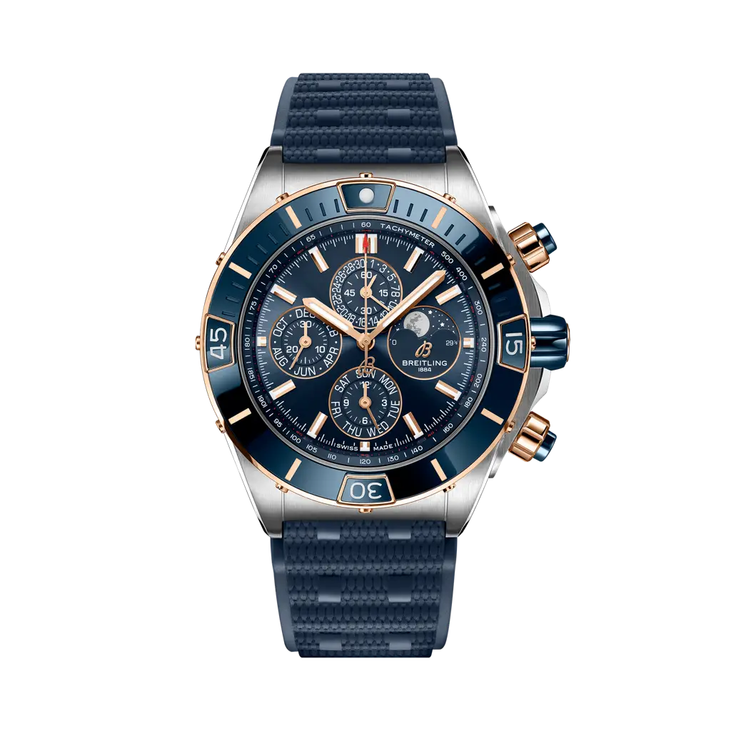 Breitling Super Chronomat 44 Four-Year Calendar 44 mm Blue Dial Stainless Steel & 18K Red Gold Blue Rubber Strap U19320161C1S1 - WATCHXNYC