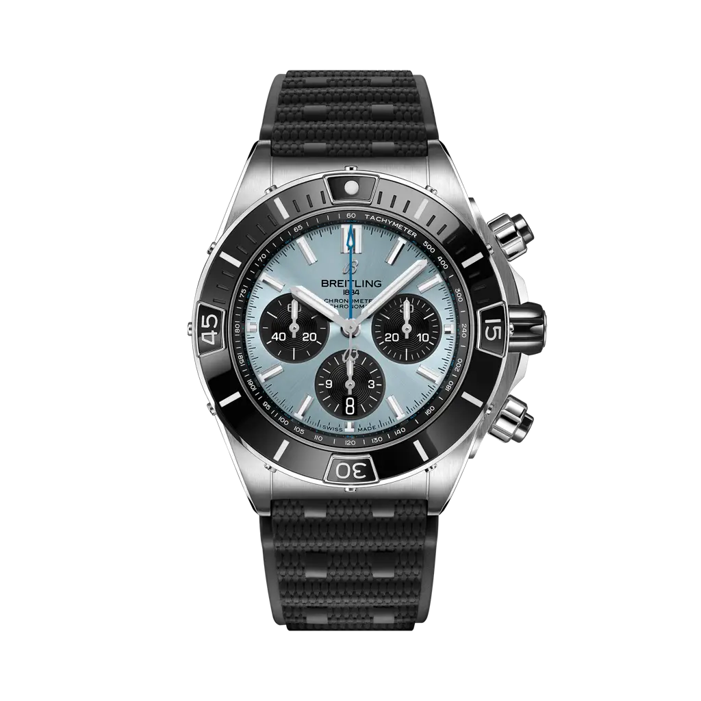 Breitling Super Chronomat B01 44 mm Ice-Blue Dial Stainless Steel & Platinum Black Rubber Strap PB0136251C1S1 - WATCHXNYC