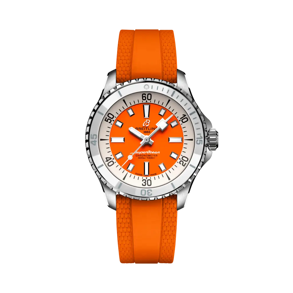 Breitling Superocean Automatic 36 mm Orange Dial Stainless Steel Rubber Tangerine Strap A17377211O1S1 - WATCHXNYC