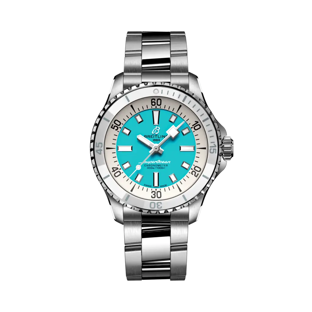 Breitling Superocean Automatic 36 mm  White And Sky Blue Dial Stainless Steel Bracelet A17377211C1A1 - WATCHXNYC