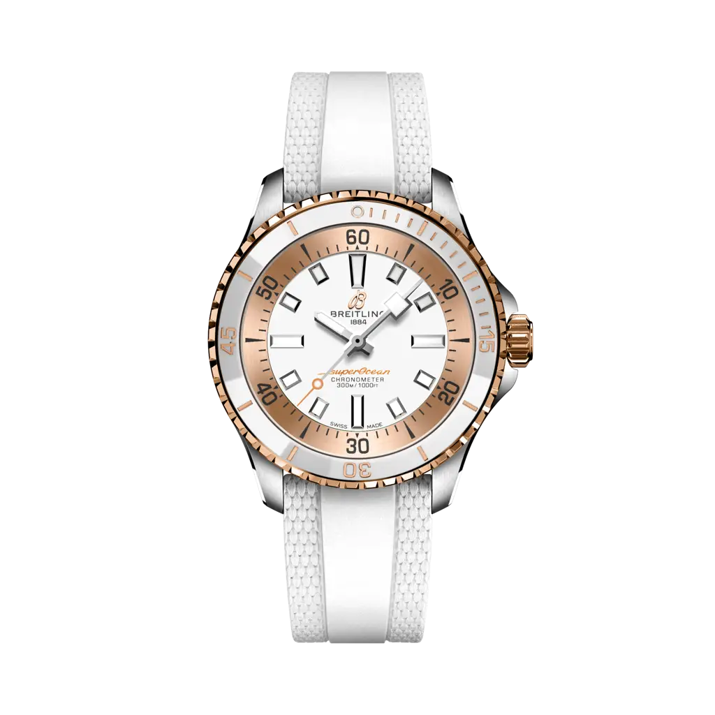 Breitling Superocean Automatic 36 mm White Dial Stainless Steel & 18K Red Gold Rubber White Strap U173771A1A1S1 - WATCHXNYC
