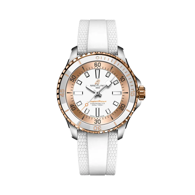 Breitling Superocean Automático 36 mm Esfera blanca Acero inoxidable y oro rojo de 18 quilates Correa de caucho blanca U173771A1A1S1 