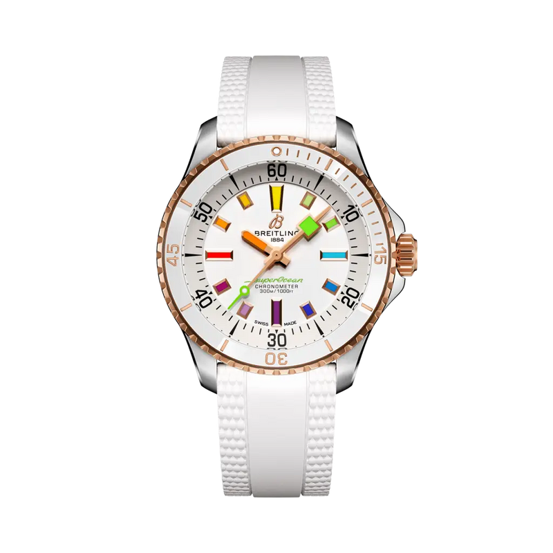 Breitling Superocean Automático 36 mm Esfera blanca Acero inoxidable y oro rojo de 18 quilates Correa de caucho blanca U17377211A1S1 