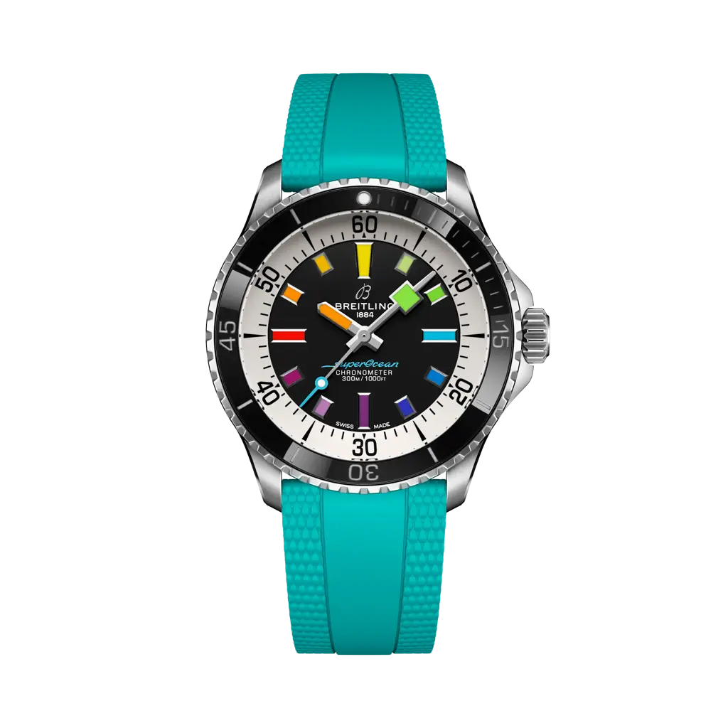 Breitling Superocean Automatic 42 mm Black And White Dial Stainless Steel Rubber Aquamarine  Strap A17375211B2S2 - WATCHXNYC