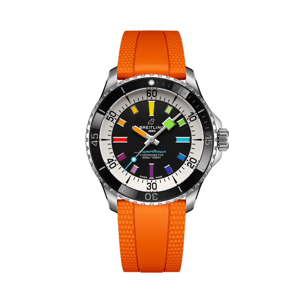Breitling Superocean Automatic 42 mm Black And White Dial Stainless Steel Rubber Orange  Strap A17375211B2S3 - WATCHXNYC